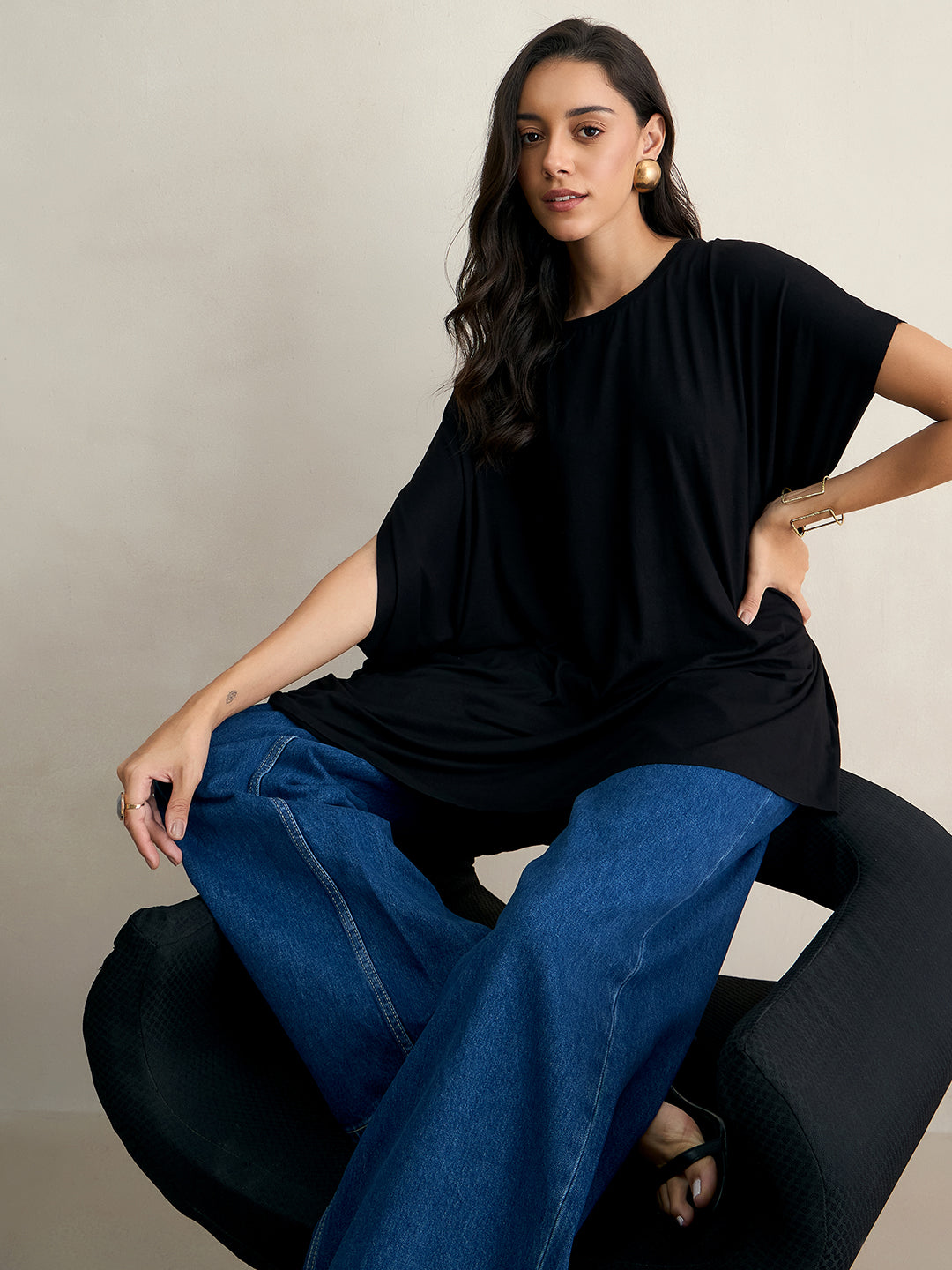Bamboo Black Knit Oversize Asymmetrical Top