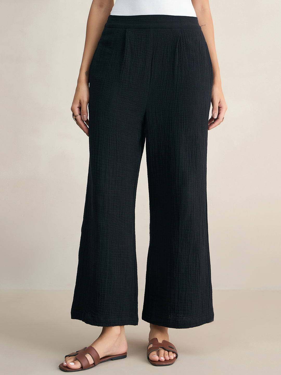 Cotton Gauze Black Round Neck Top With Straight Pant