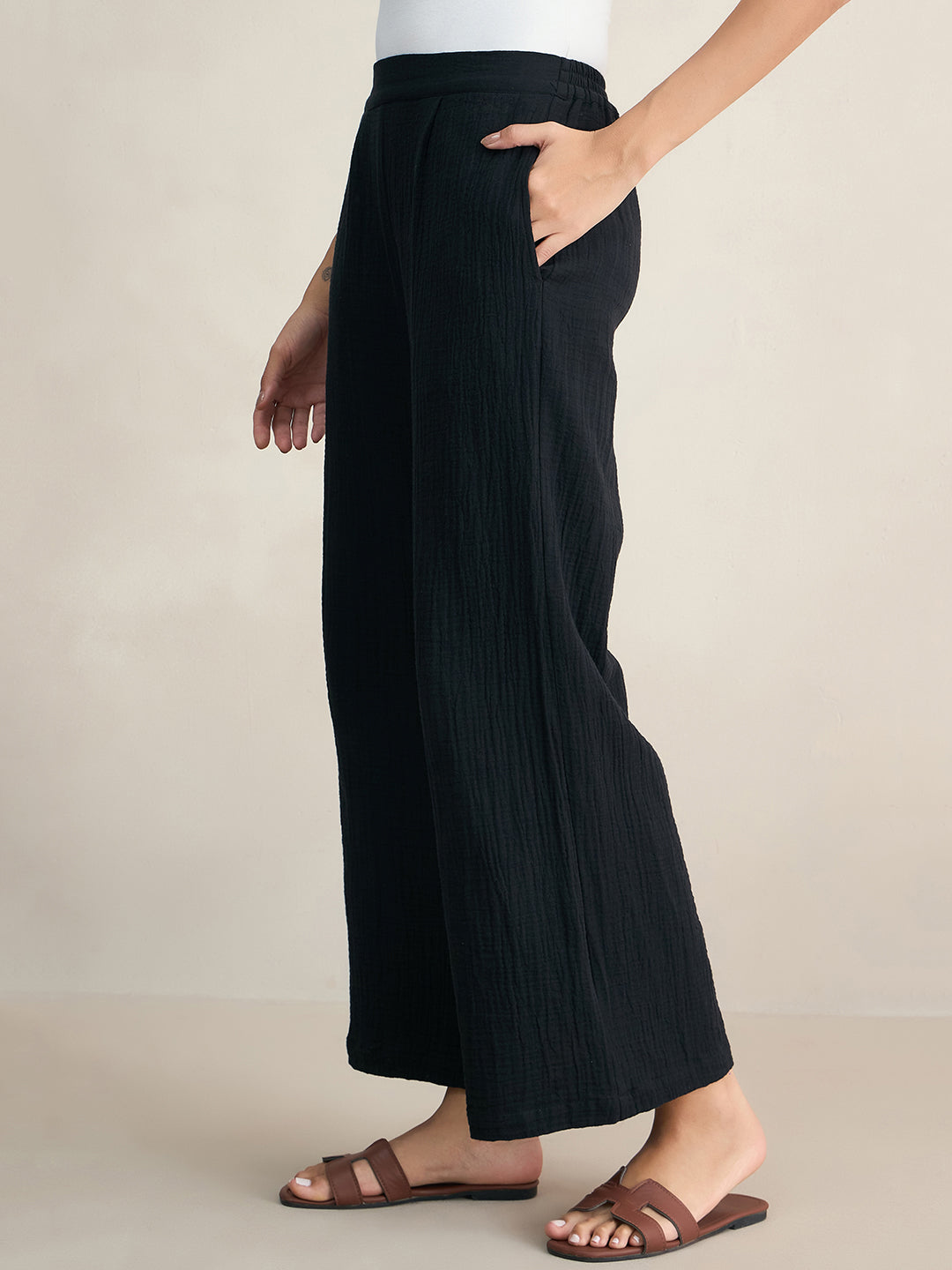 Cotton Gauze Black Round Neck Top With Straight Pant