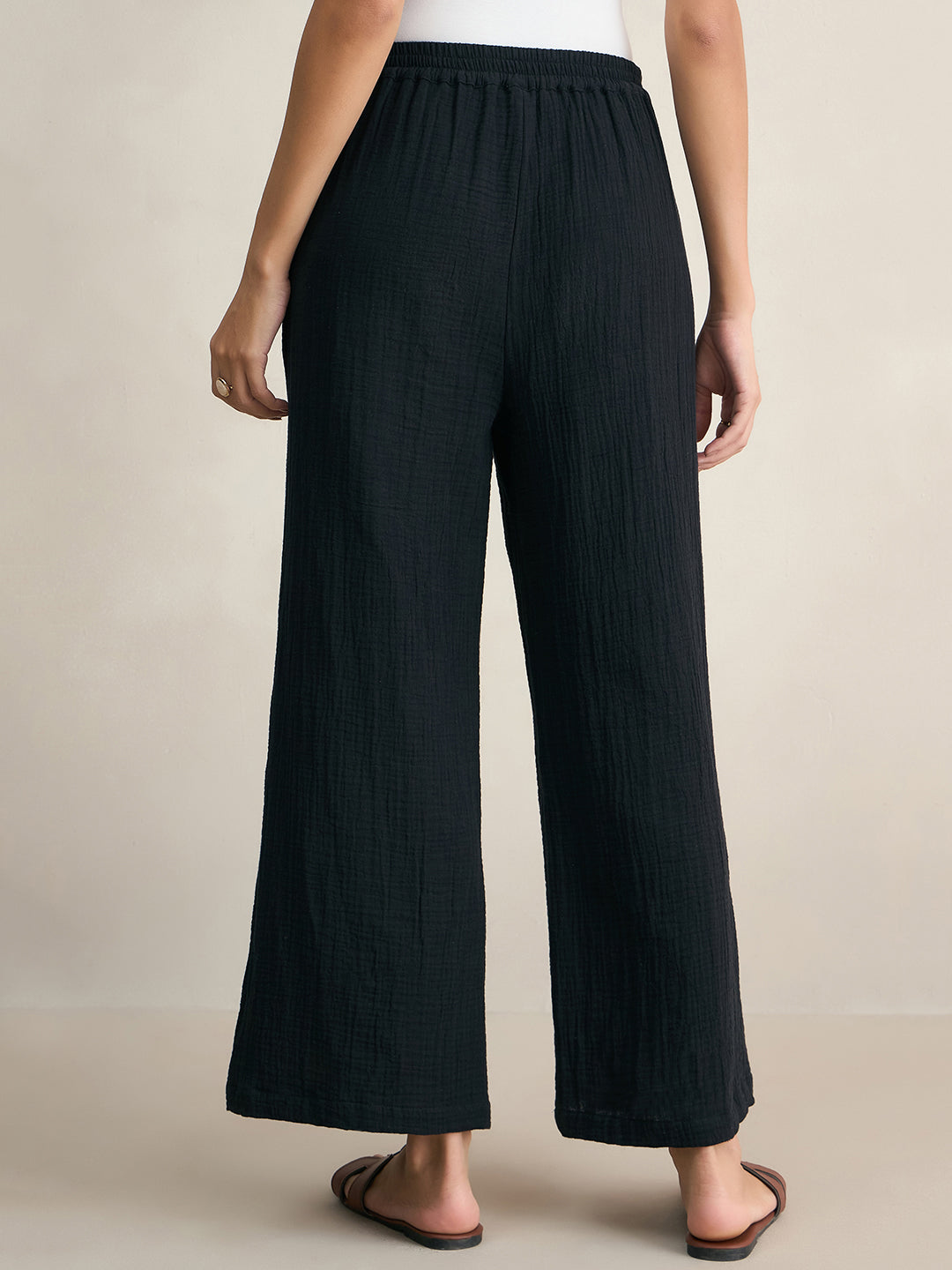 Cotton Gauze Black Round Neck Top With Straight Pant