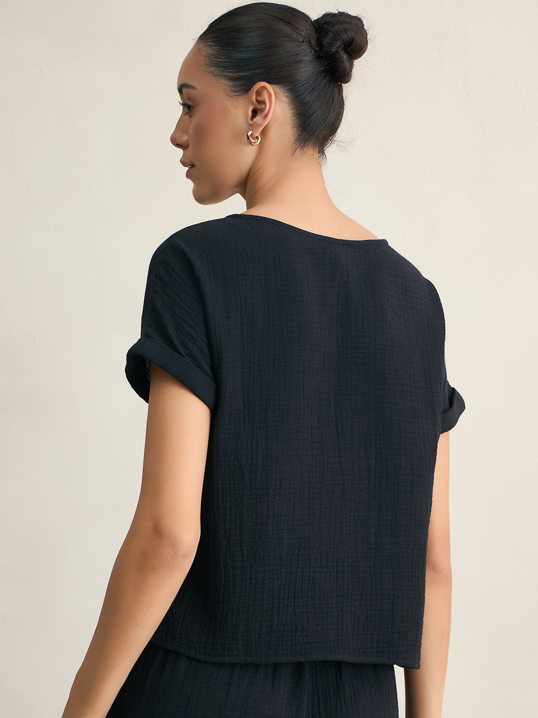 Cotton Gauze Black Round Neck Top With Straight Pant