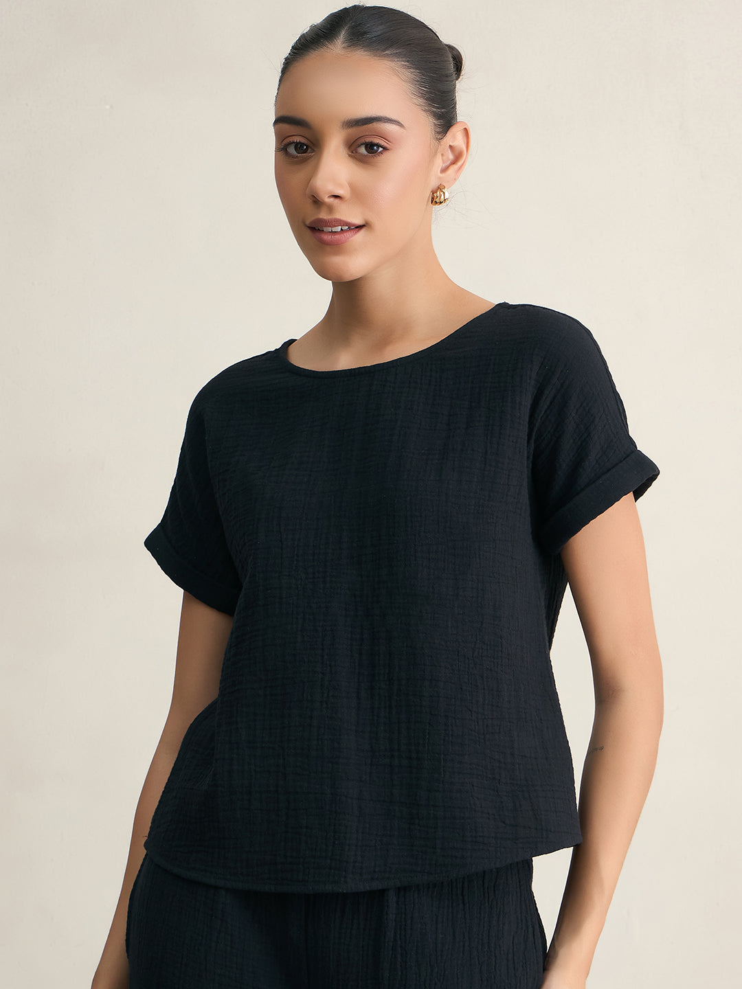 Cotton Gauze Black Round Neck Top With Straight Pant