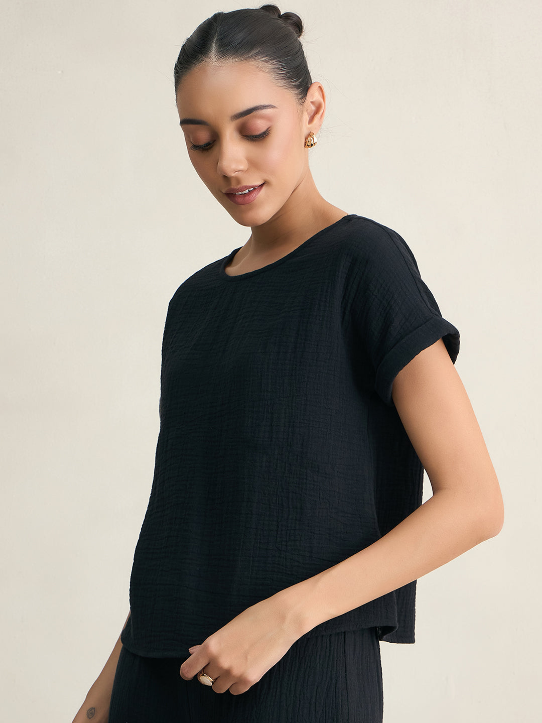 Cotton Gauze Black Round Neck Top With Straight Pant