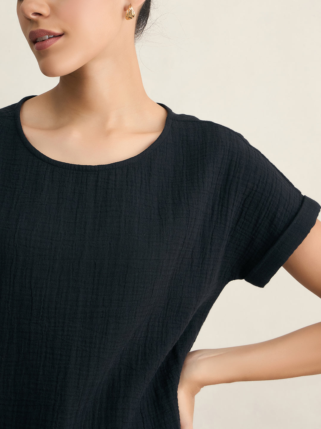 Cotton Gauze Black Round Neck Top With Straight Pant