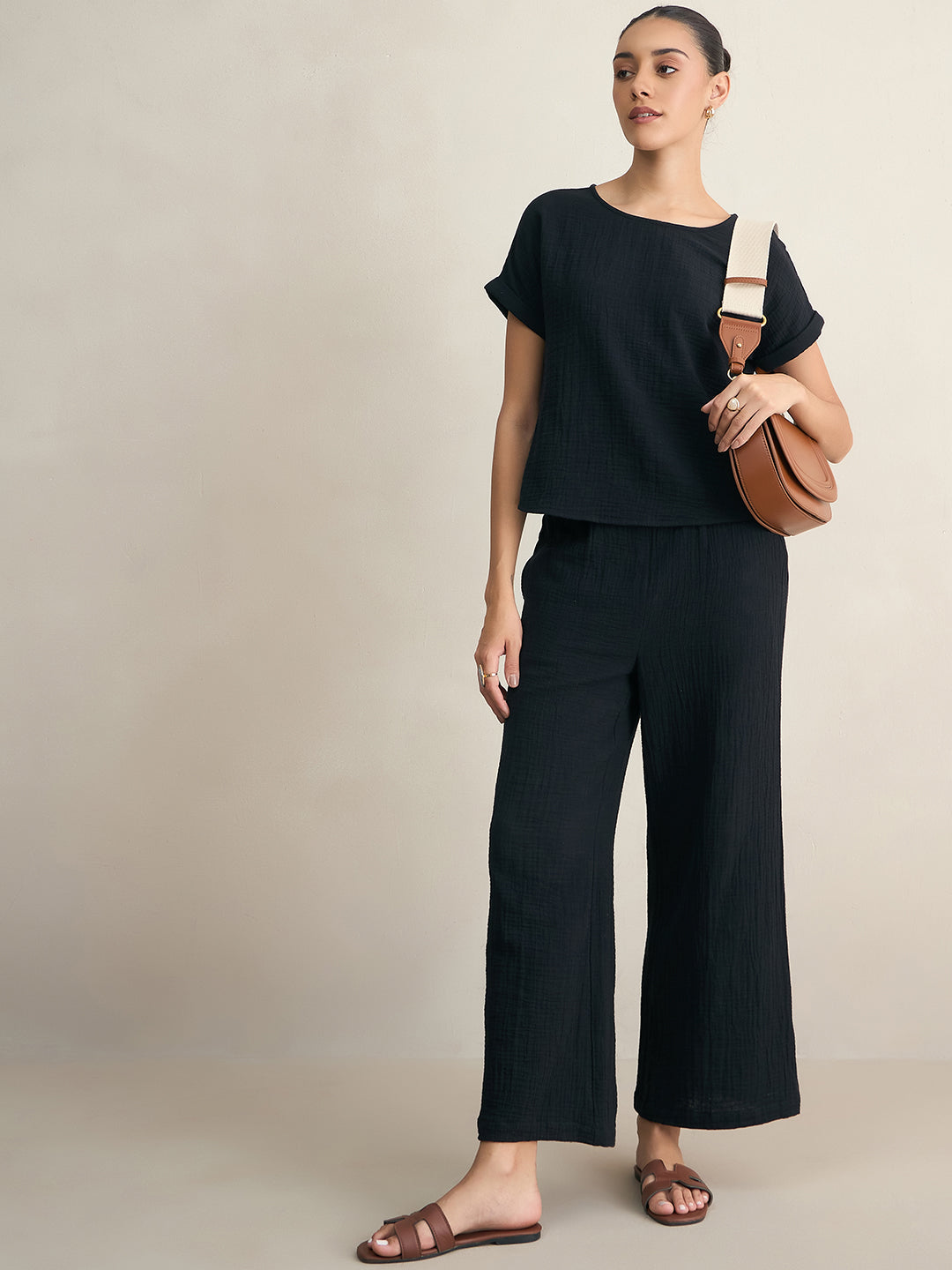 Cotton Gauze Black Round Neck Top With Straight Pant