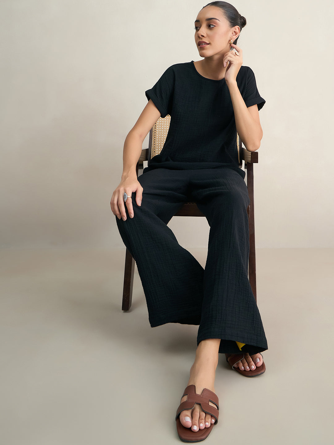 Cotton Gauze Black Round Neck Top With Straight Pant