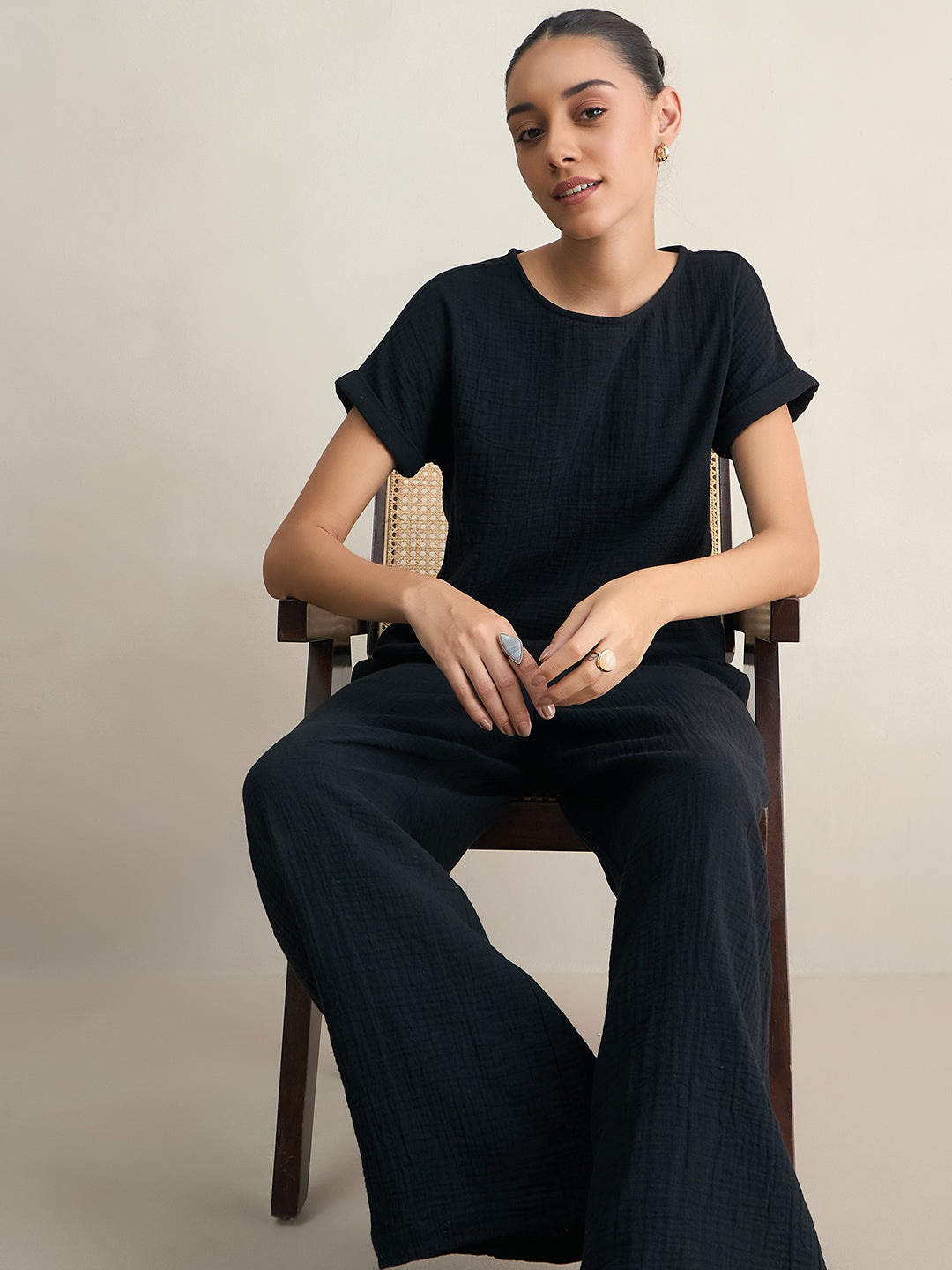 Cotton Gauze Black Round Neck Top With Straight Pant