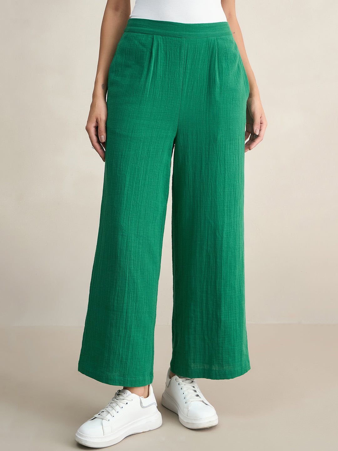 Cotton Gauze Green Sleeveless Top With Straight Pant