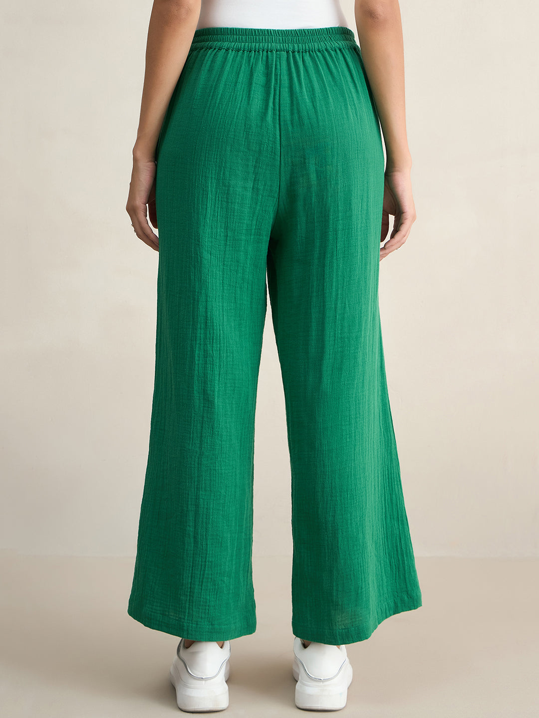 Cotton Gauze Green Sleeveless Top With Straight Pant