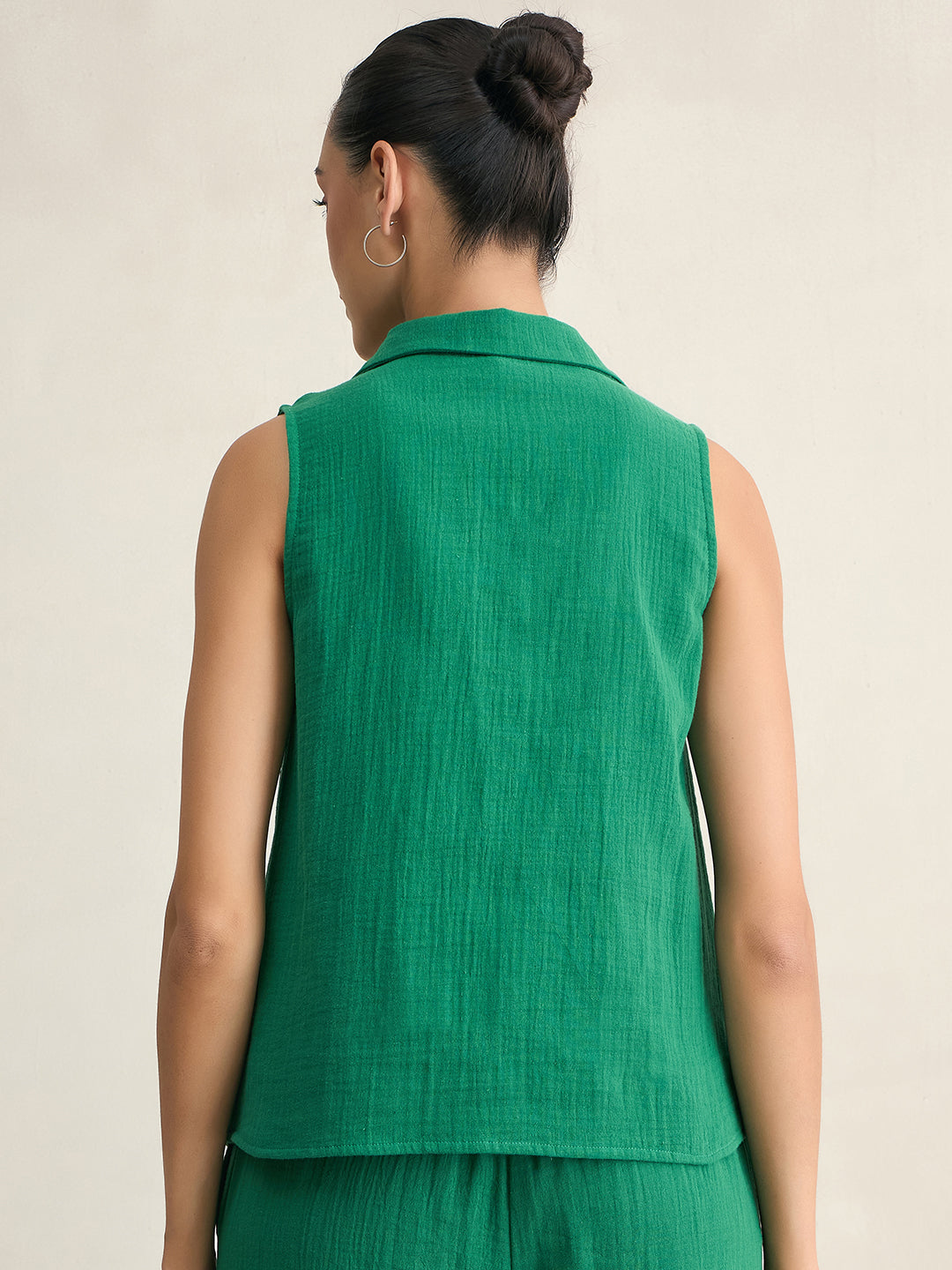 Cotton Gauze Green Sleeveless Top With Straight Pant