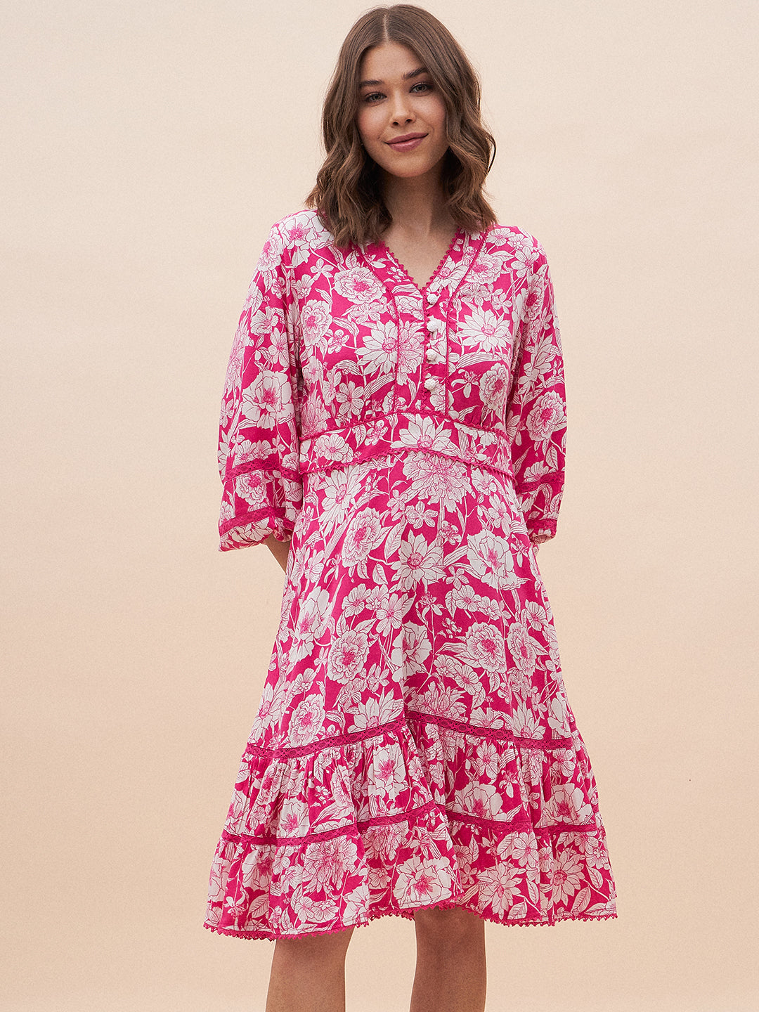 Pink And White Floral Tiered Mini Dress