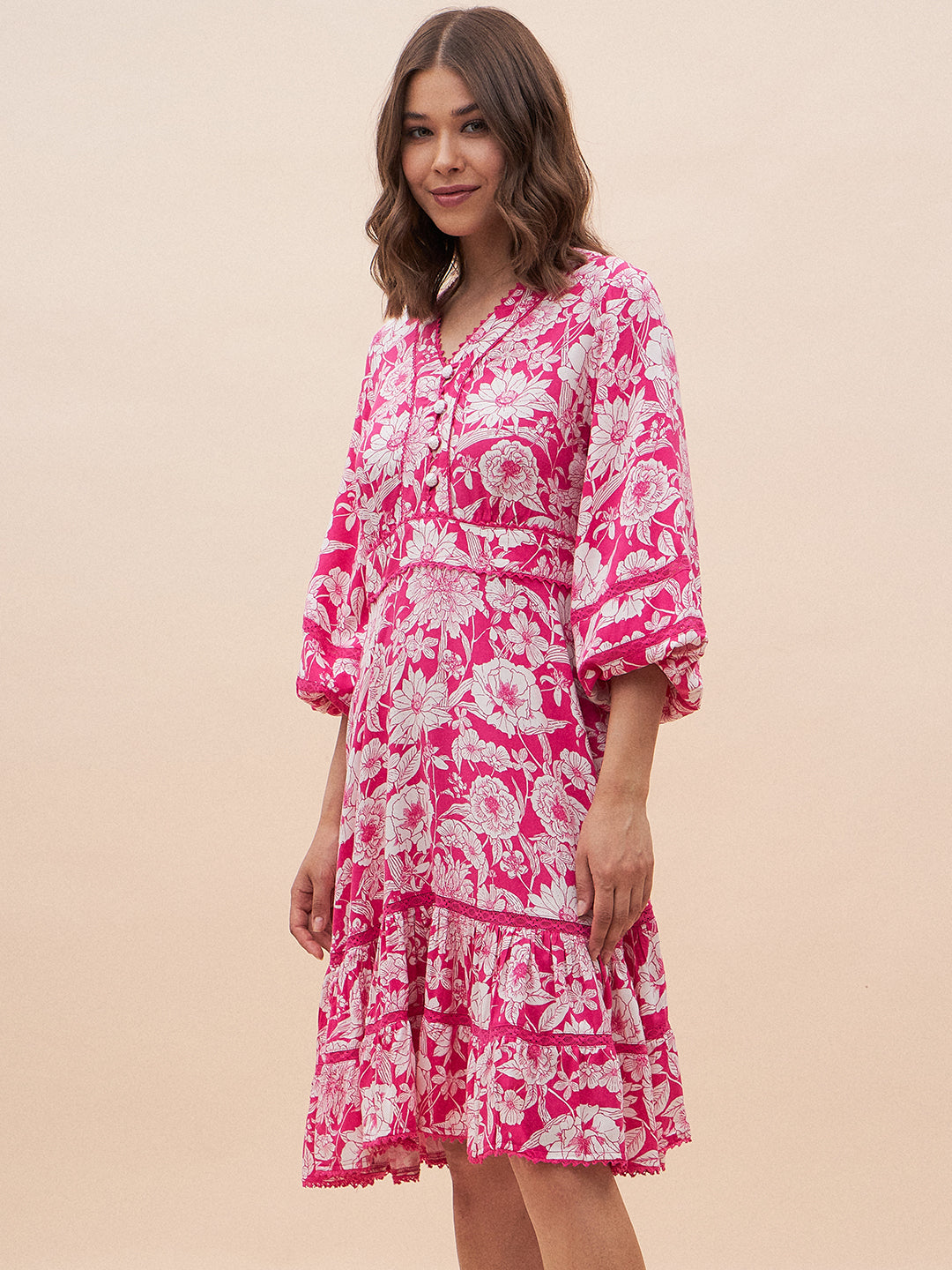 Pink And White Floral Tiered Mini Dress