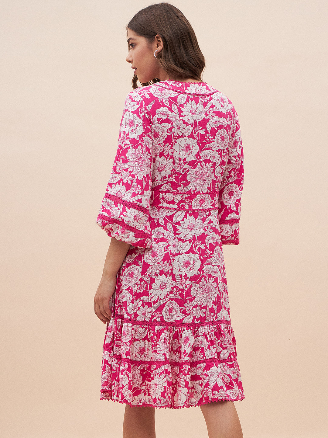 Pink And White Floral Tiered Mini Dress