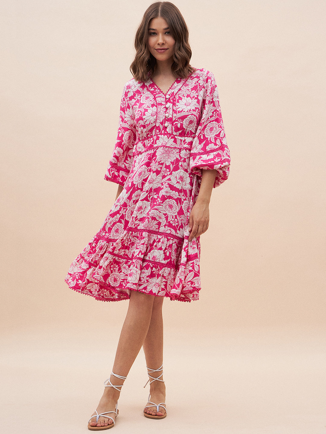 Pink And White Floral Tiered Mini Dress