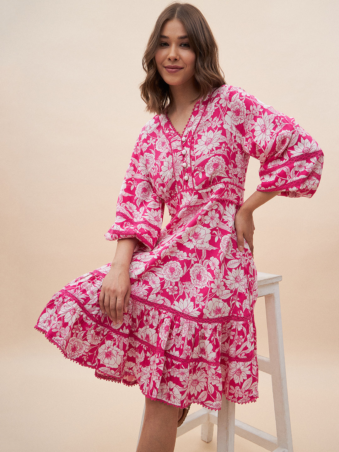 Pink And White Floral Tiered Mini Dress