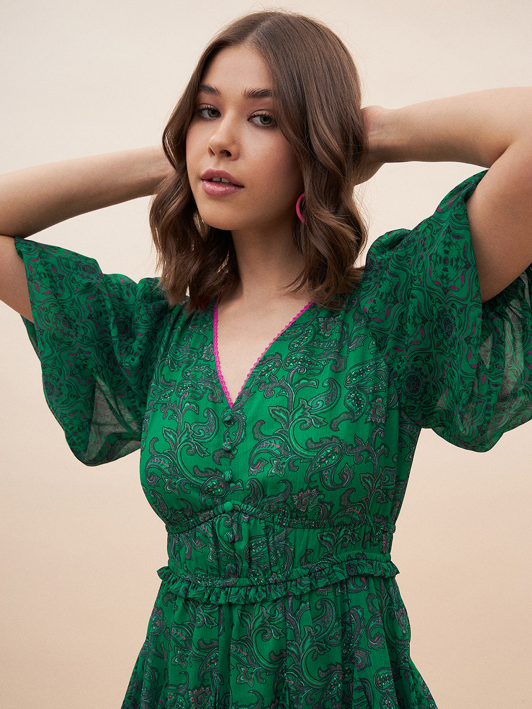 Green Paisley Printed Mini Dress