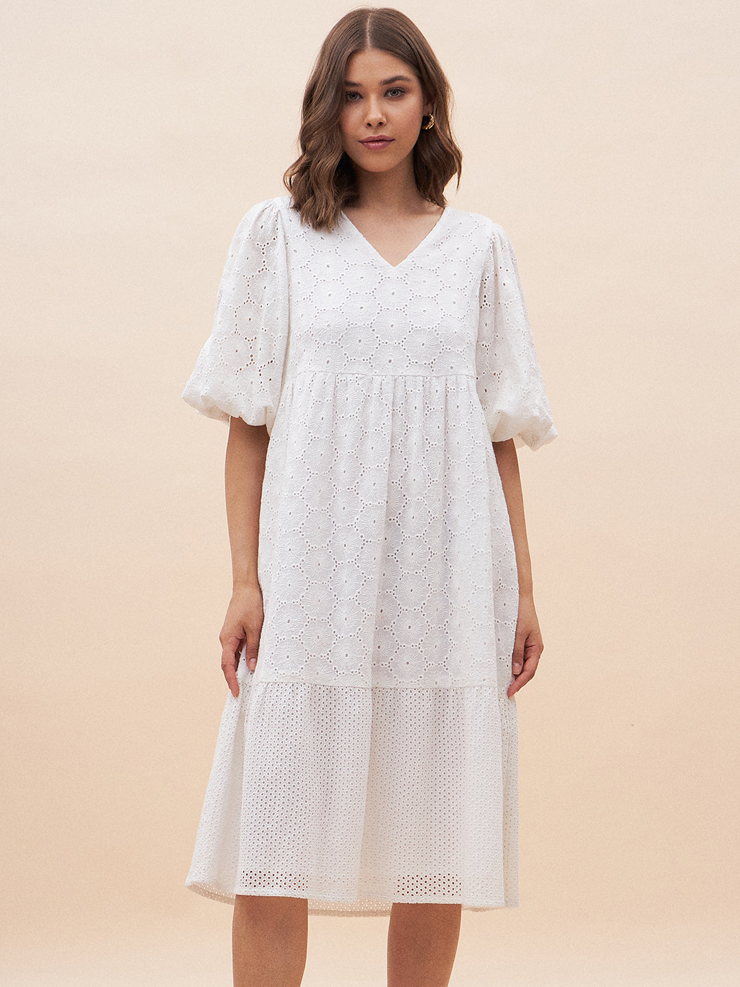 White Cotton Schiffli V Neck Midi Dress