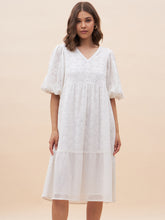 White Cotton Schiffli V Neck Midi Dress