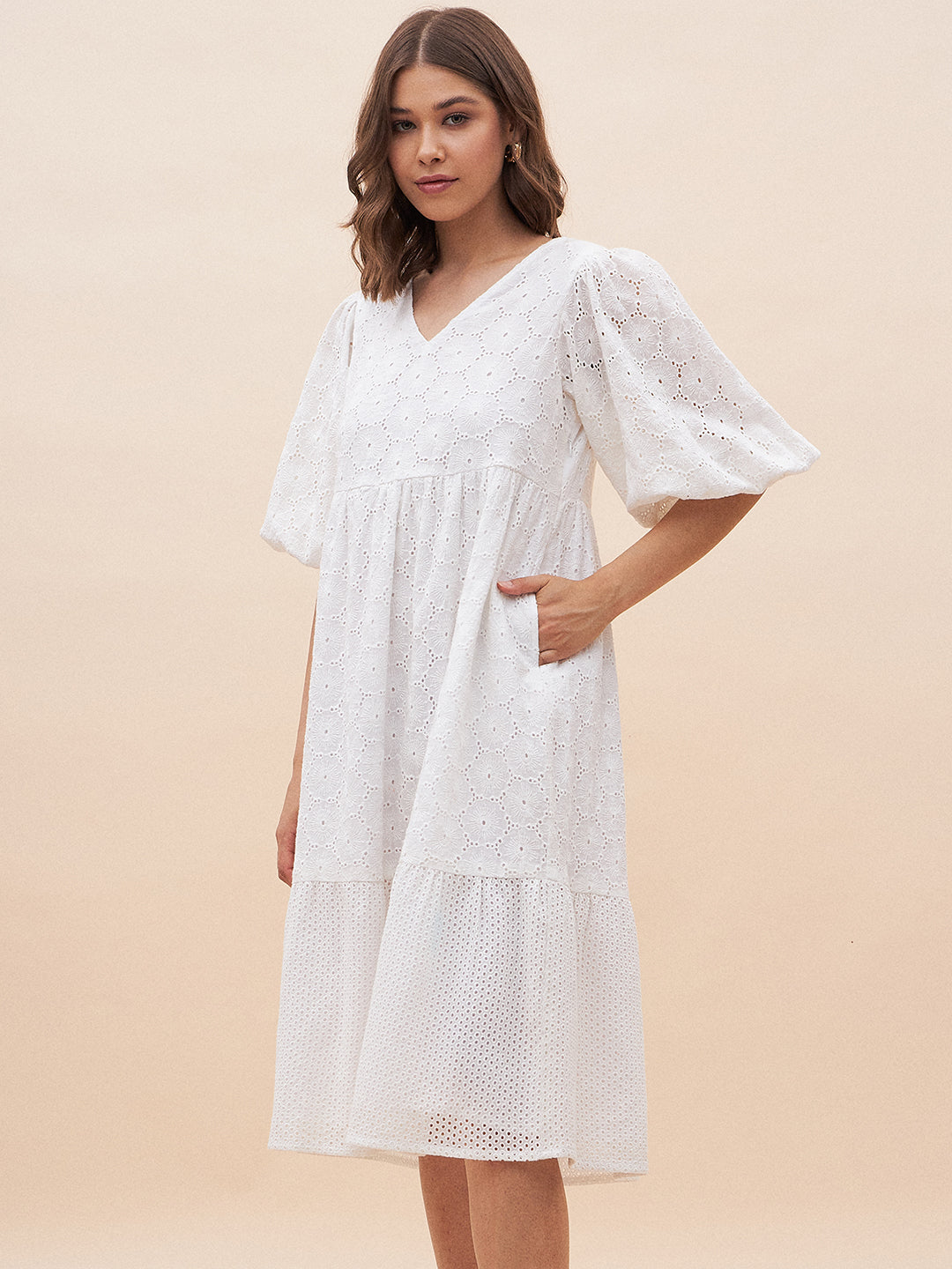 White Cotton Schiffli V Neck Midi Dress