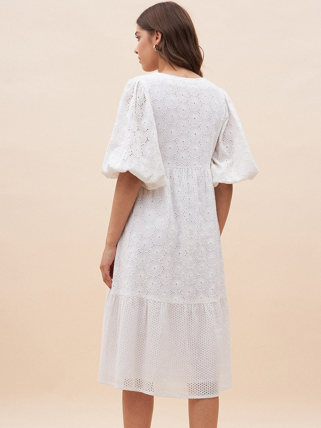 White Cotton Schiffli V Neck Midi Dress