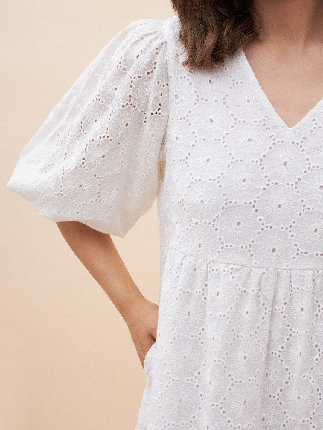White Cotton Schiffli V Neck Midi Dress