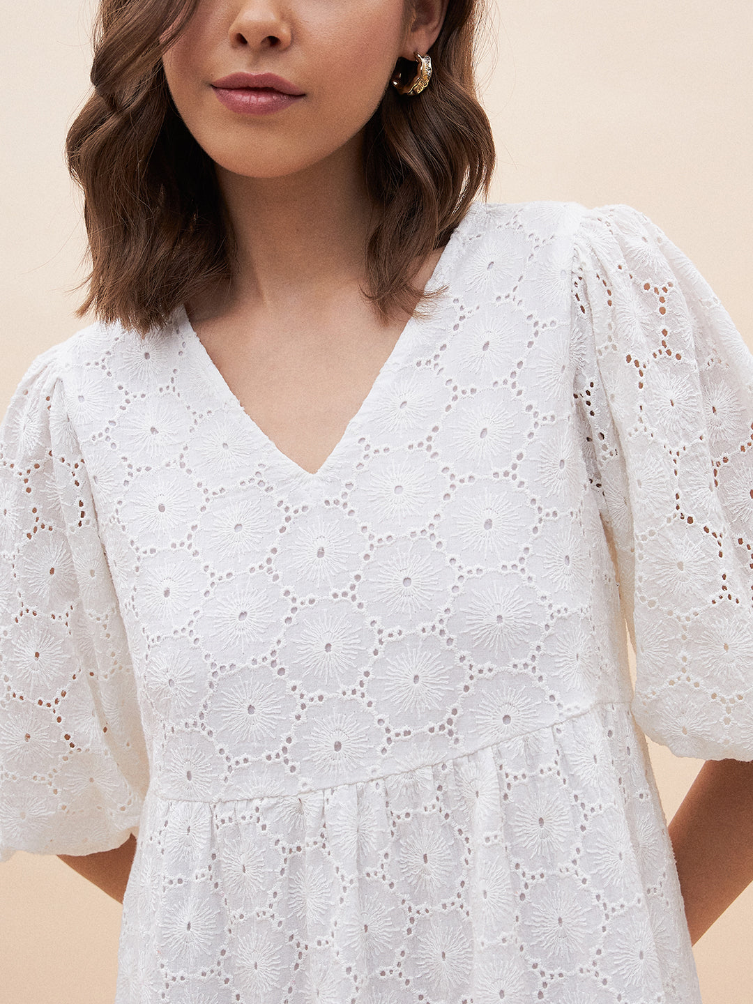 White Cotton Schiffli V Neck Midi Dress
