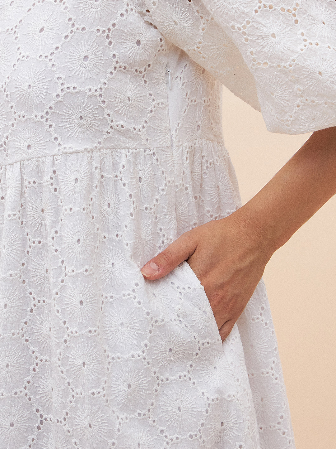 White Cotton Schiffli V Neck Midi Dress