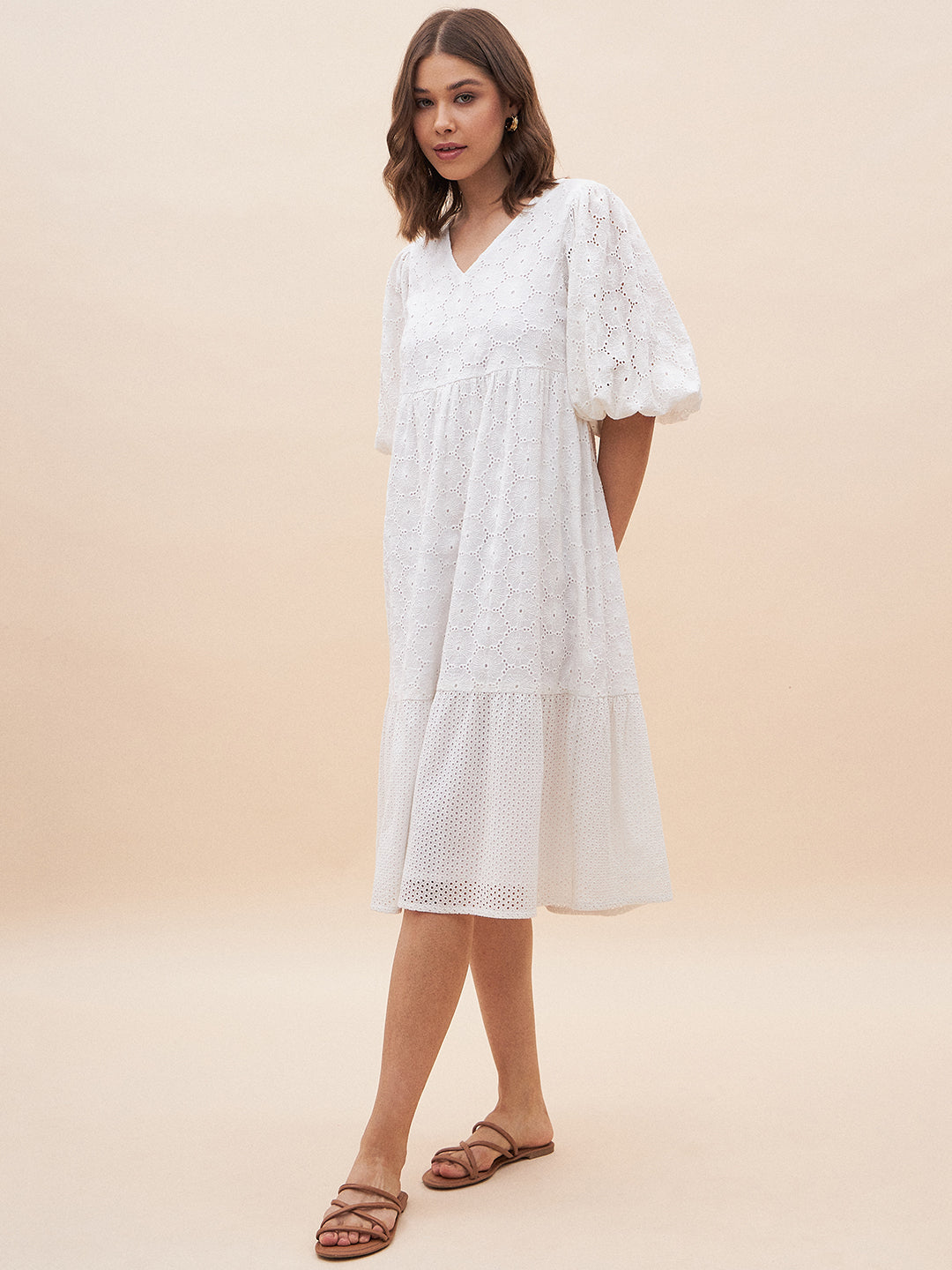 White Cotton Schiffli V Neck Midi Dress