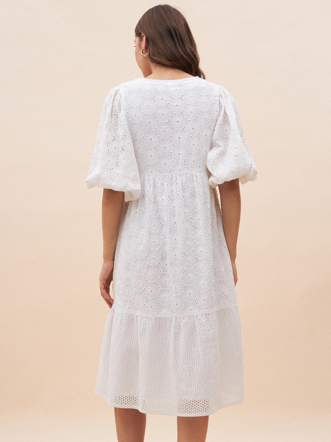 White Cotton Schiffli V Neck Midi Dress