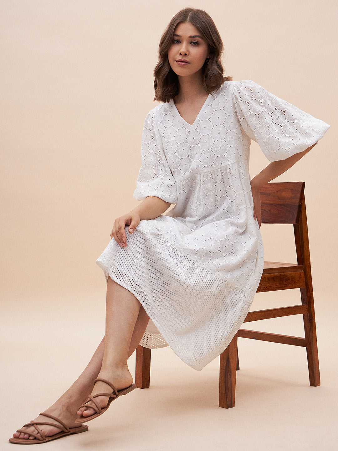White Cotton Schiffli V Neck Midi Dress