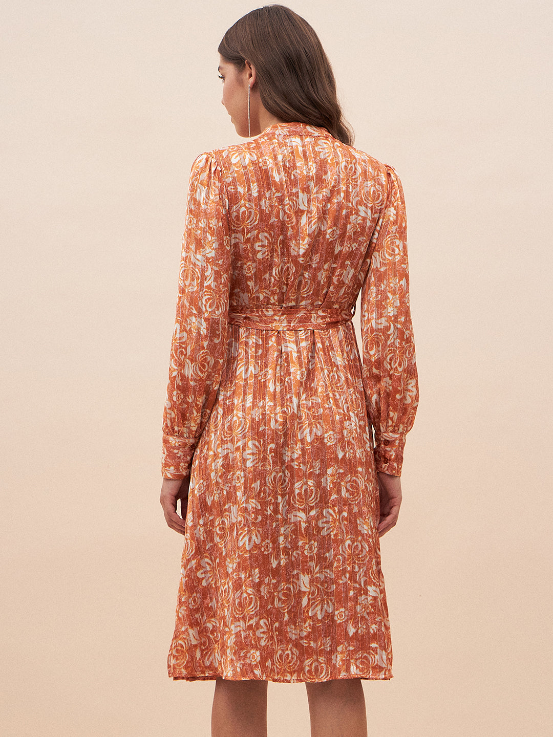 Orange Floral Lurex Midi Shirt Dress