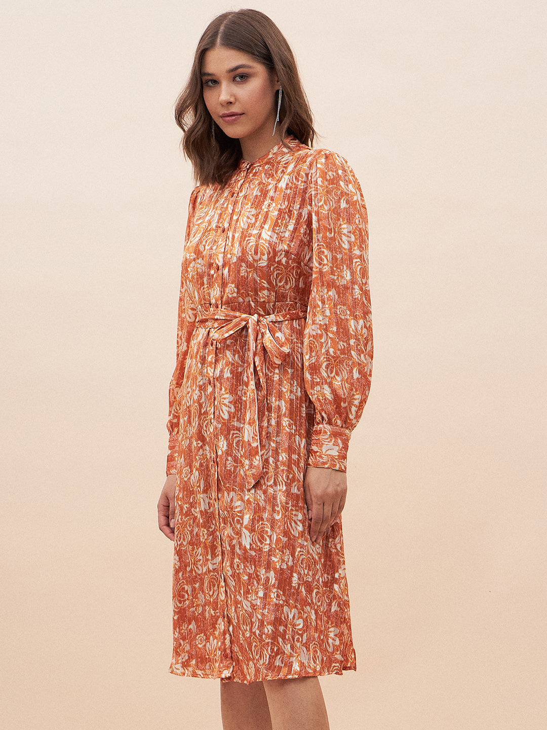 Orange Floral Lurex Midi Shirt Dress
