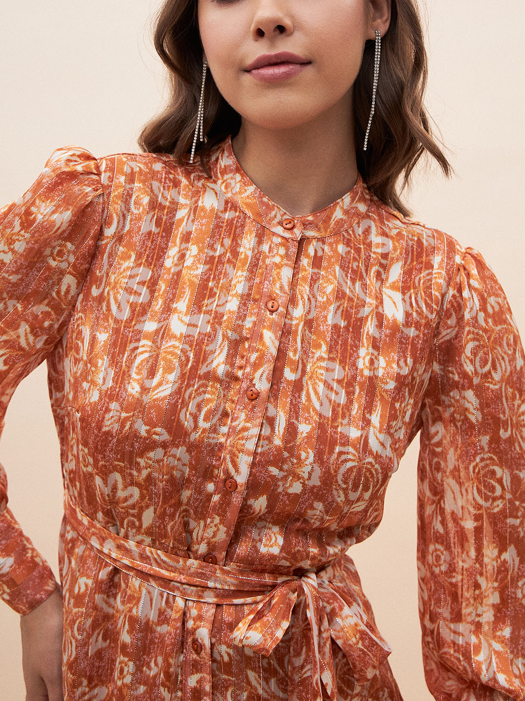 Orange Floral Lurex Midi Shirt Dress