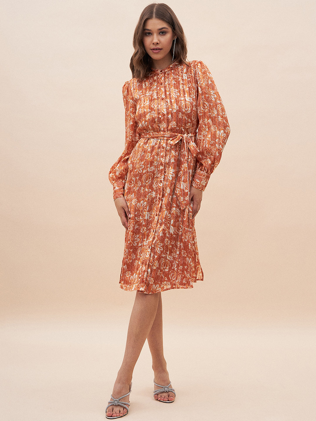Orange Floral Lurex Midi Shirt Dress
