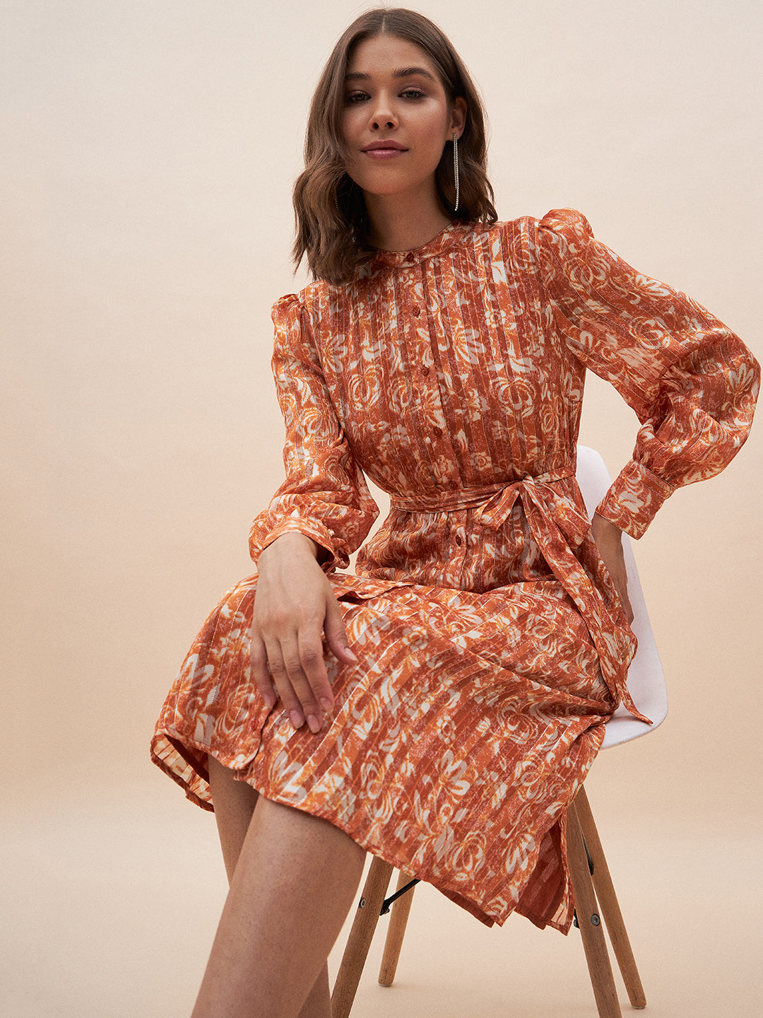 Orange Floral Lurex Midi Shirt Dress