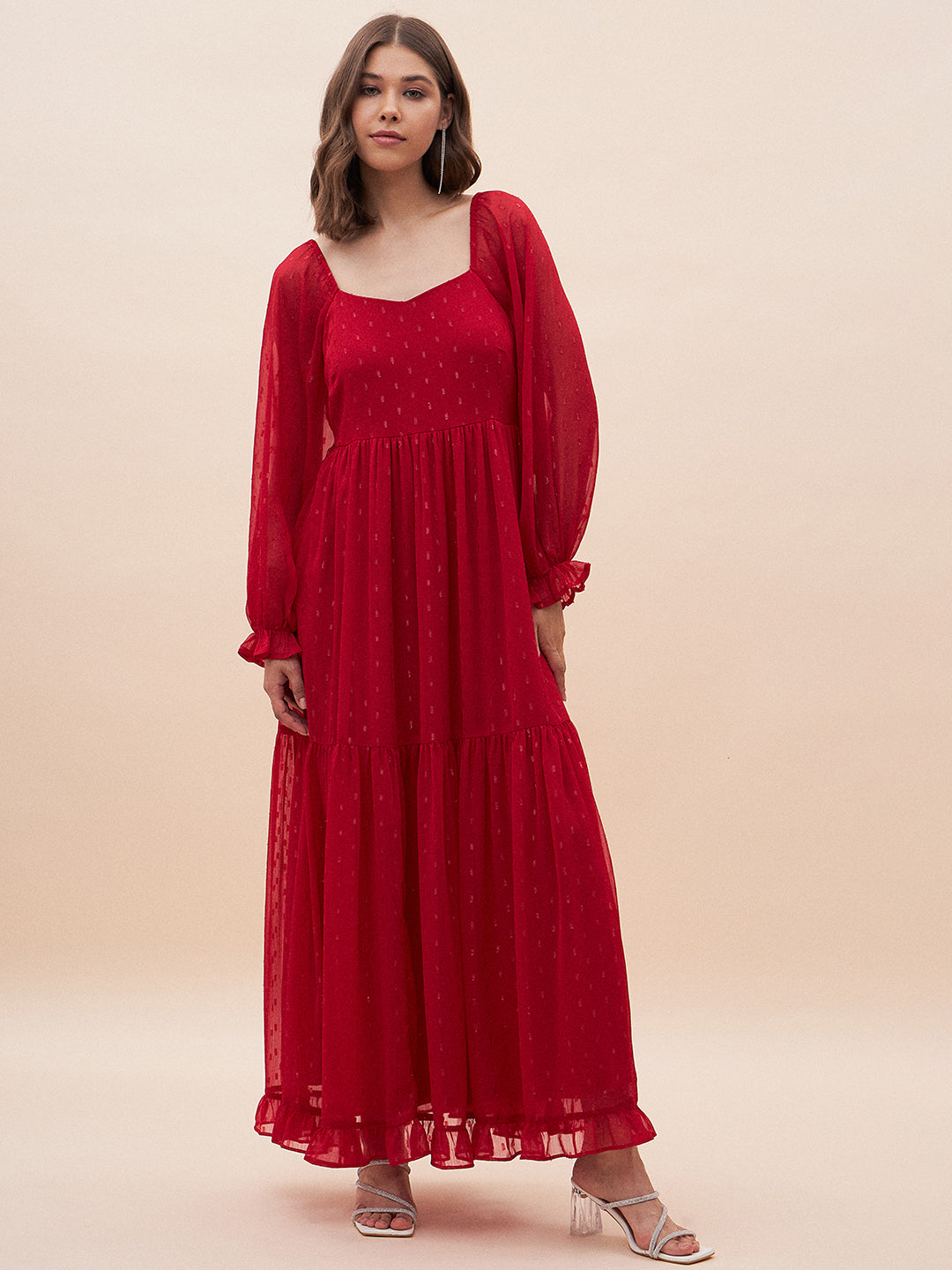 Red Lurex Tiered Maxi Dress