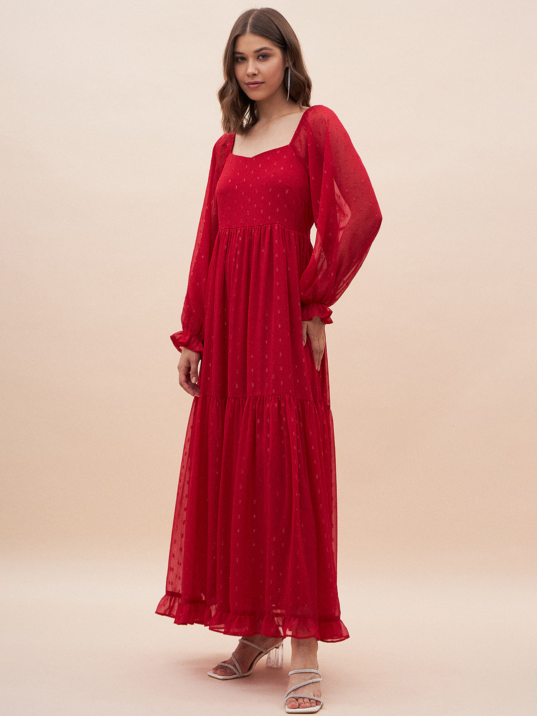 Red Lurex Tiered Maxi Dress