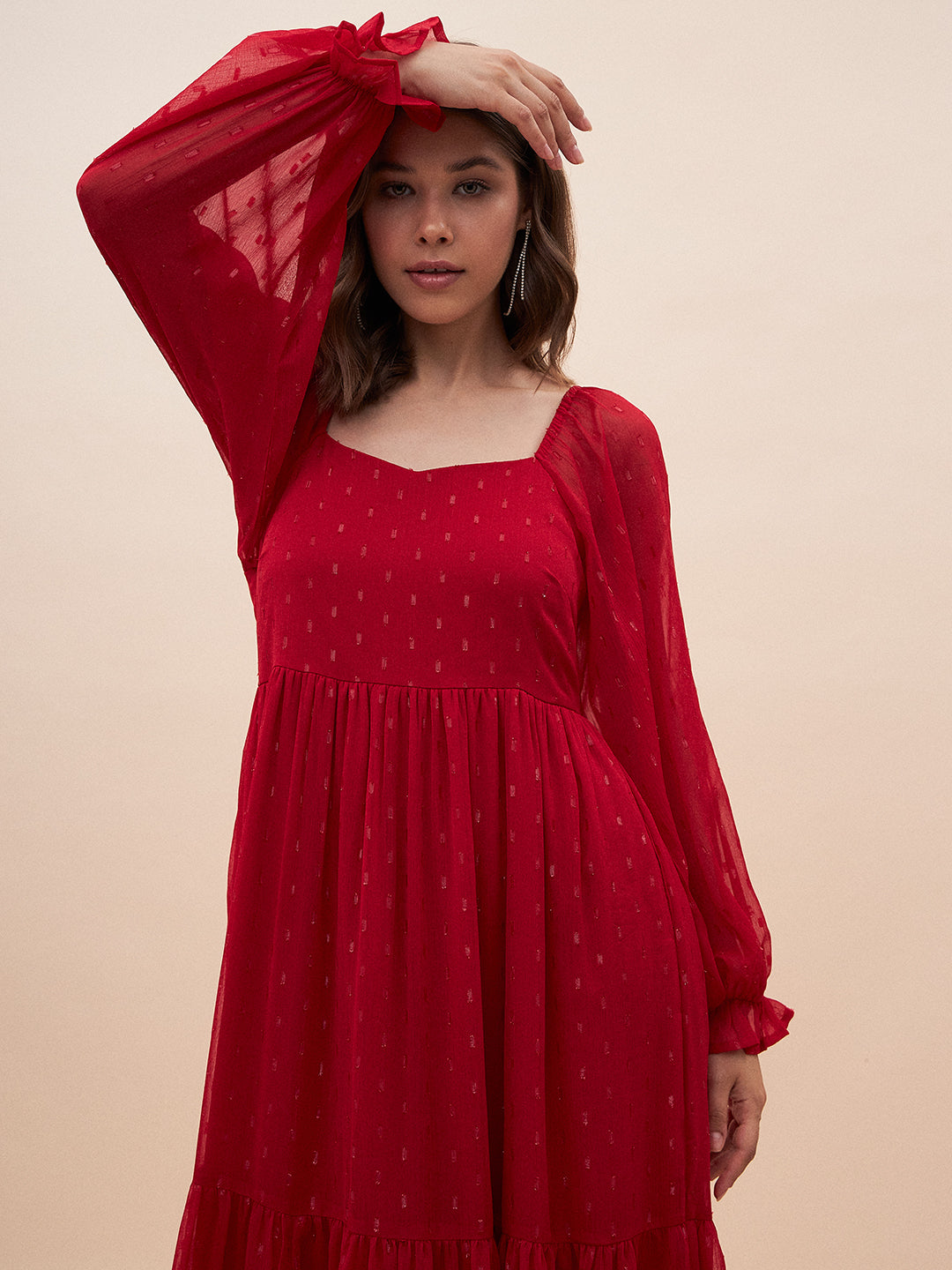 Red Lurex Tiered Maxi Dress