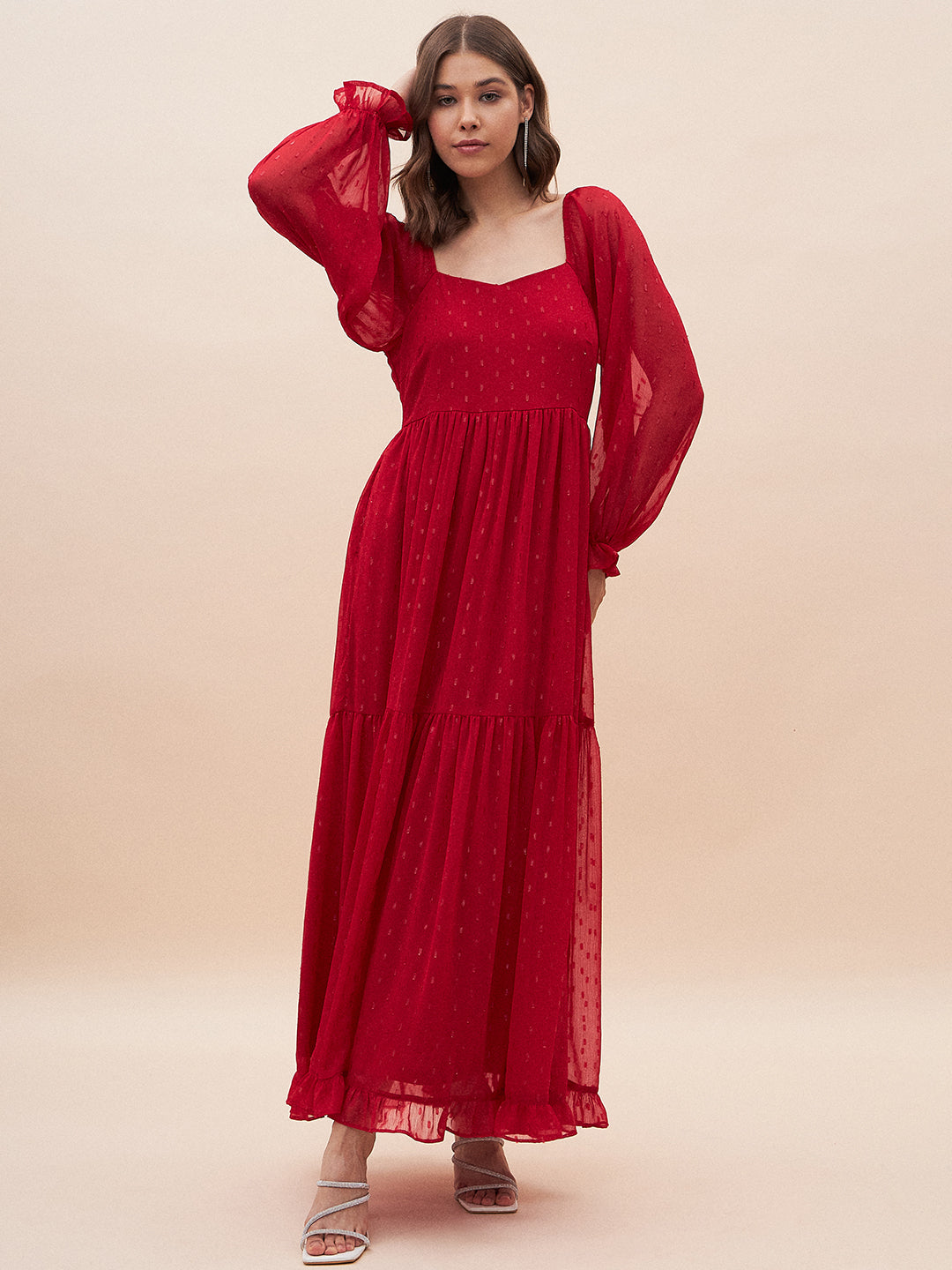 Red Lurex Tiered Maxi Dress