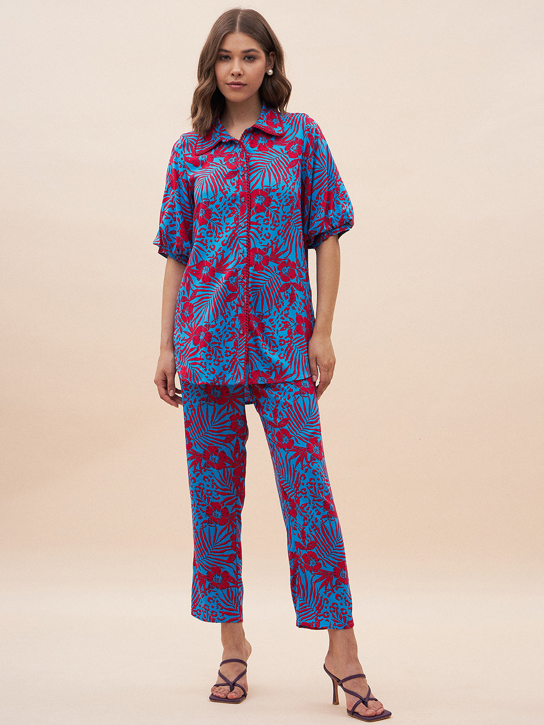 Blue And Red Floral Printed Shirt Co-Ord Set