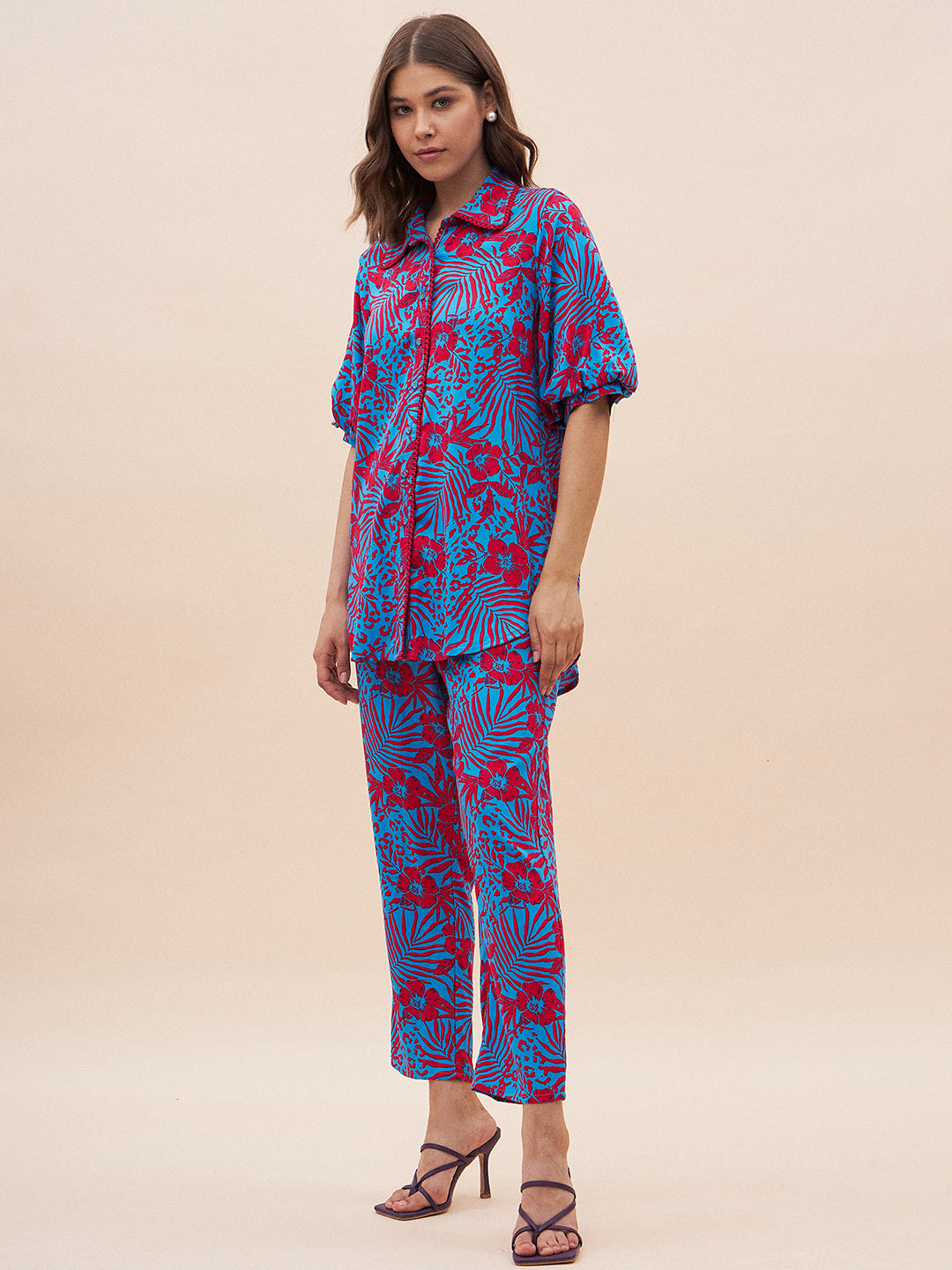Blue And Red Floral Printed Shirt Co-Ord Set