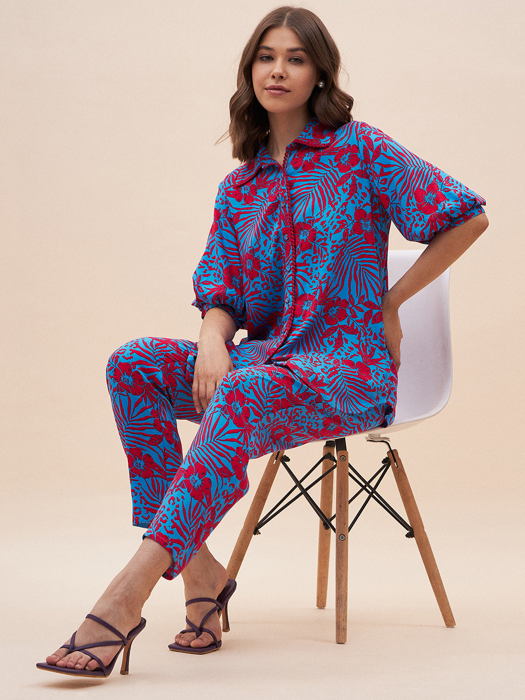 Blue And Red Floral Printed Shirt Co-Ord Set
