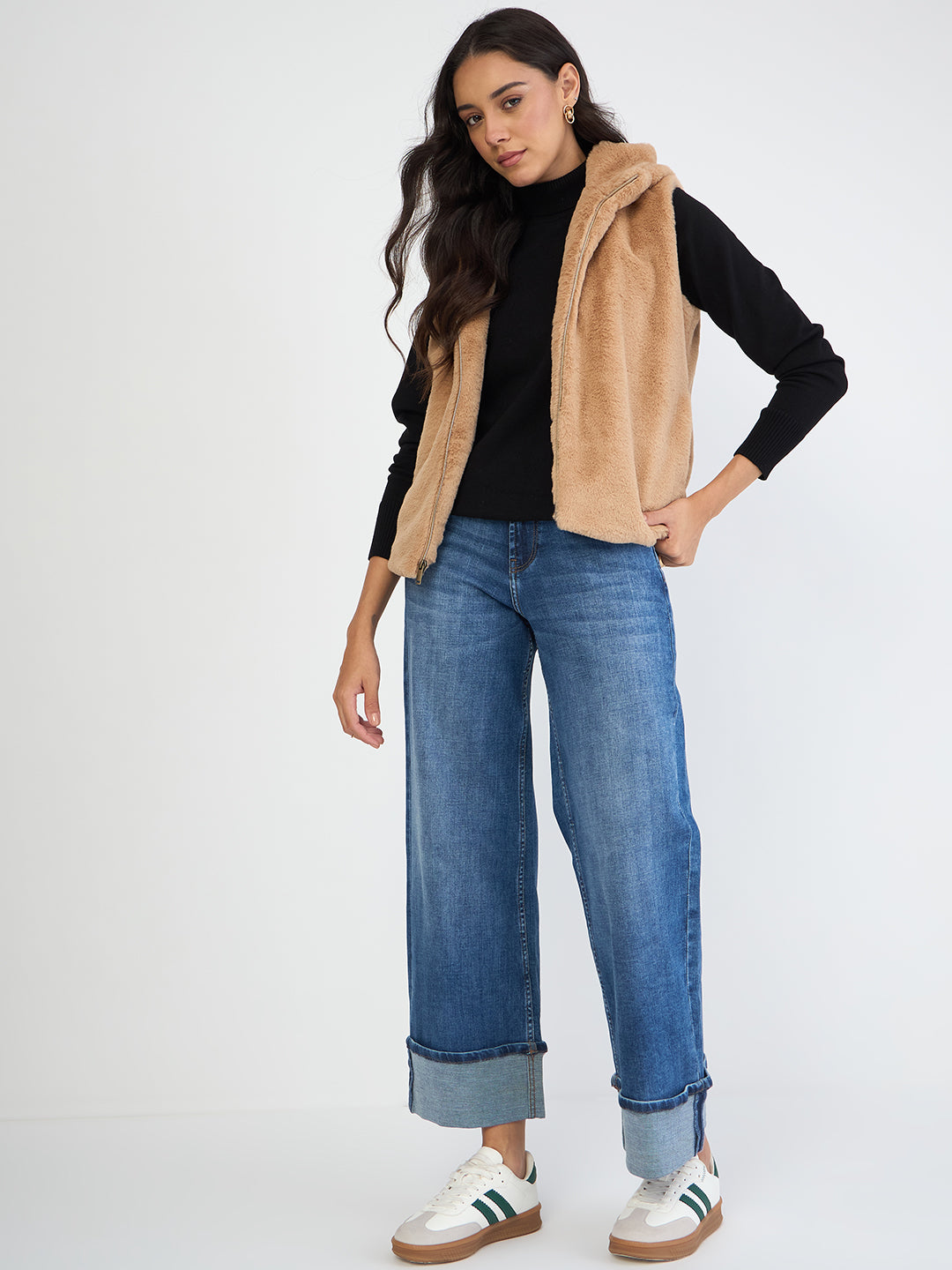 Beige Fur Sleeveless Hooded Jacket