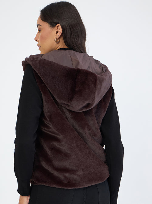 Coffee Brown Fur Sleeveless Hooded Jacket