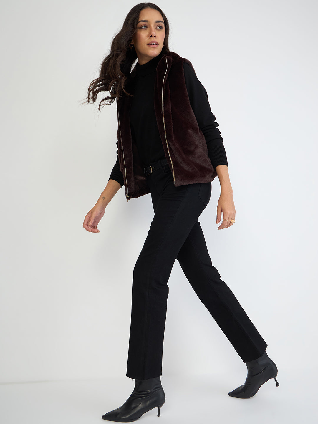 Coffee Brown Fur Sleeveless Hooded Jacket