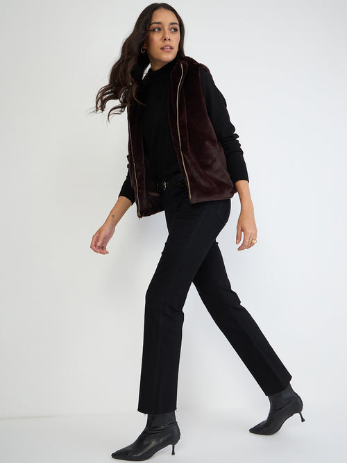 Coffee Brown Fur Sleeveless Hooded Jacket