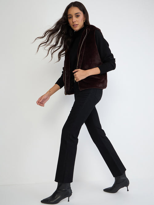 Coffee Brown Fur Sleeveless Hooded Jacket