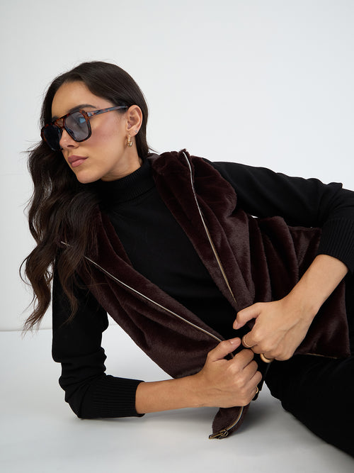 Coffee Brown Fur Sleeveless Hooded Jacket