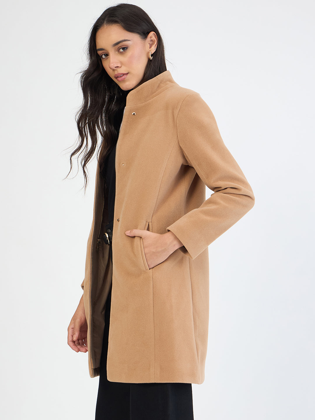 Fawn Beige Zip-Up Long Coat