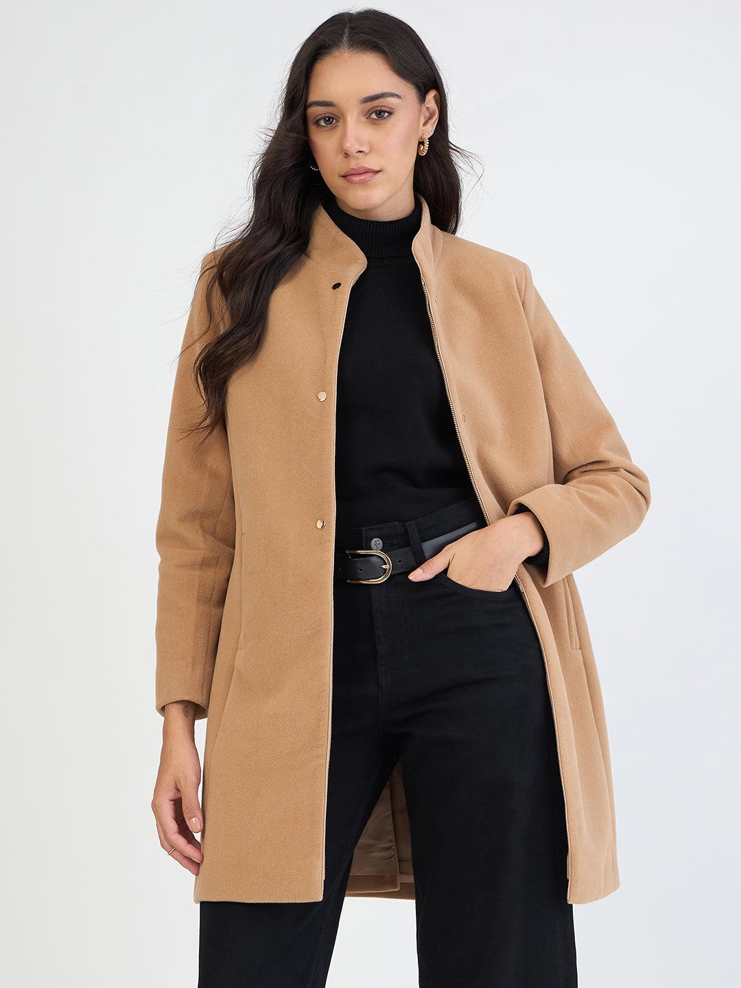 Fawn Beige Zip-Up Long Coat